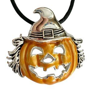 Vintage Scarecrow Pumpkin Halloween Pin Brooch Pendant Necklace Jack O Lantern